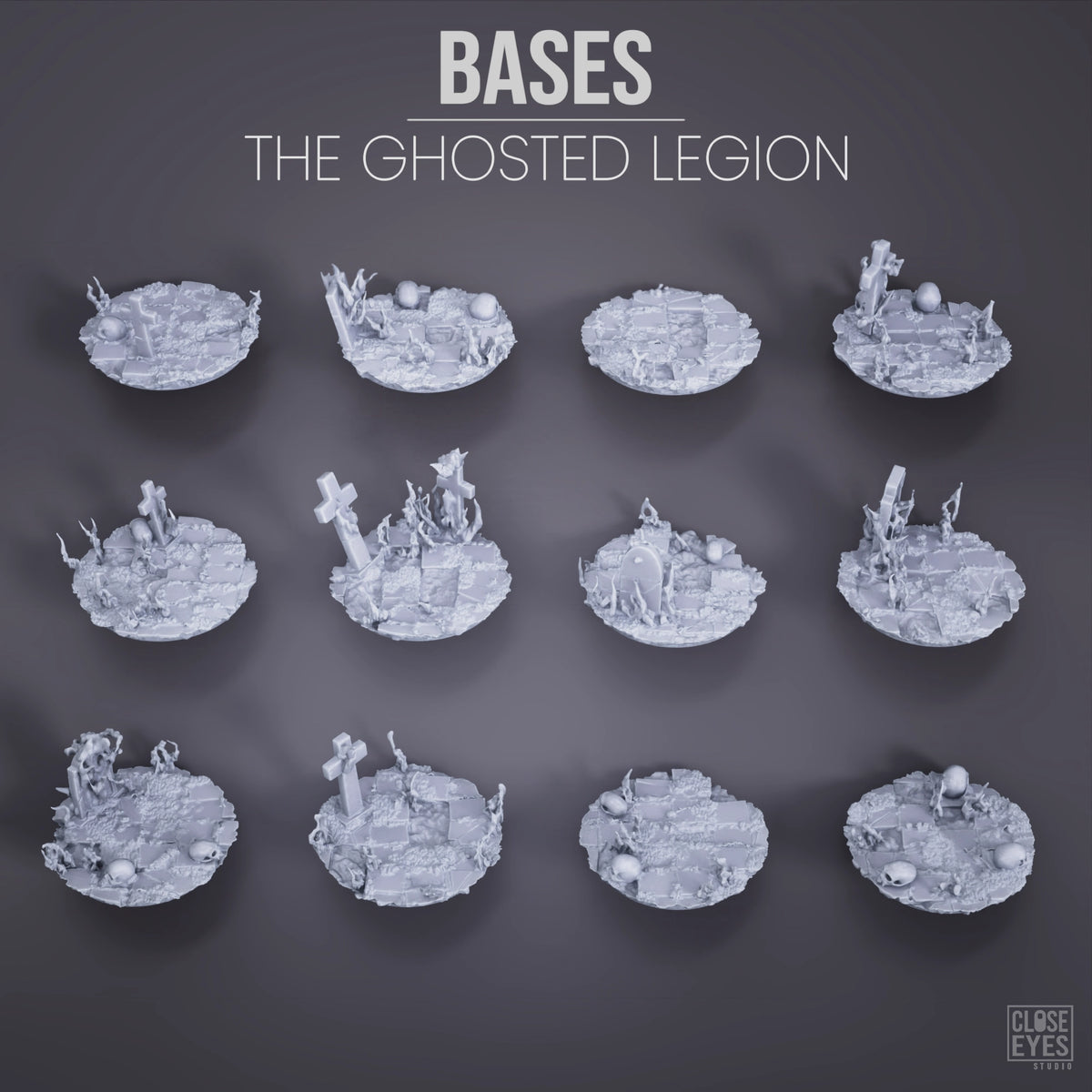 Twelve unpainted grey miniature terrain bases for tabletop gaming, arranged in a grid on a dark gray background with the text 'BASES THE GHOSTED LEGION' and a 'CLUB EYES' logo.