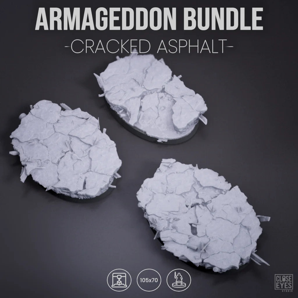 Three unpainted gray miniature terrain pieces shaped like cracked asphalt, displayed on a dark gray background with the text 'ARMAGGEDDON BUNDLE - CRACKED ASPHALT -' and small product icons at the bottom.