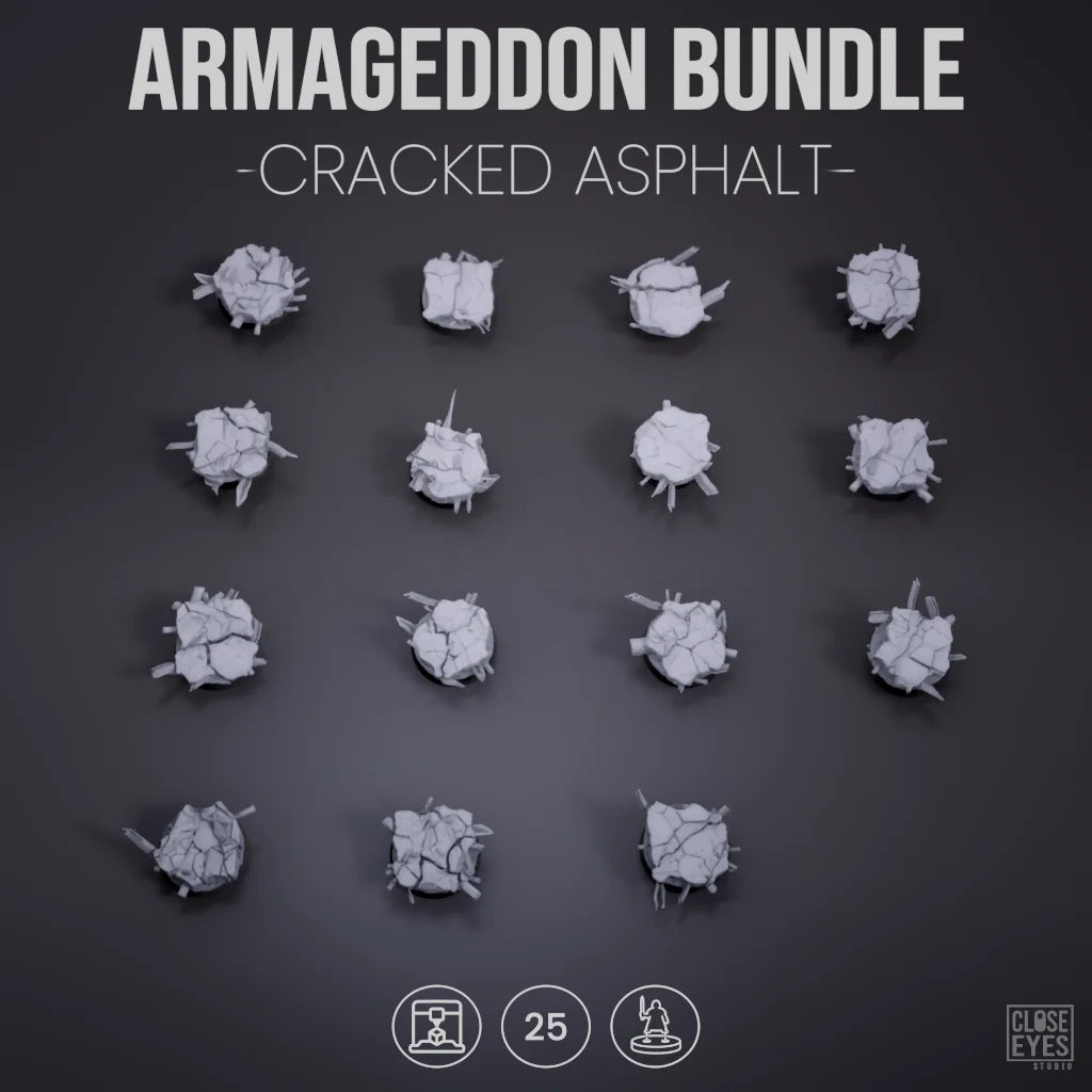 A set of 25 unpainted gray miniature terrain pieces shaped like cracked asphalt roadblocks, arranged in a grid on a dark gray background with text reading 'ARMAGGEDDON BUNDLE -CRACKED ASPHALT-' and icons indicating a 25-piece set.