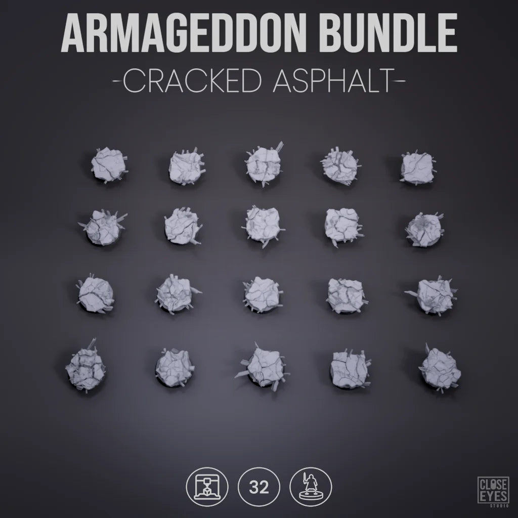 A set of 32 gray miniature terrain pieces shaped like cracked asphalt, arranged in a grid on a dark gray background with text reading 'ARMAGGEDDON BUNDLE - CRACKED ASPHALT -' and small product icons at the bottom.