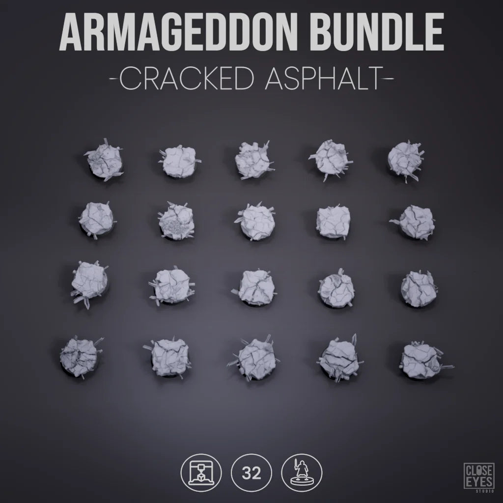 A set of 24 miniature crumpled gray plastic terrain pieces labeled 'ARMAGGEDDON BUNDLE - CRACKED ASPHALT -' on a dark gray background, with small icons at the bottom indicating 32 pieces and a Cluse Eyes brand logo.