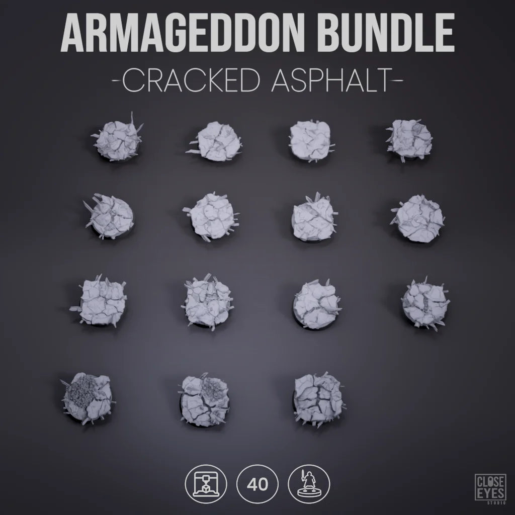 A set of 15 unpainted gray miniature terrain pieces shaped like cracked asphalt, arranged in a grid on a dark gray background with the text 'ARMAGGEDDON BUNDLE - CRACKED ASPHALT -' and small product icons at the bottom.
