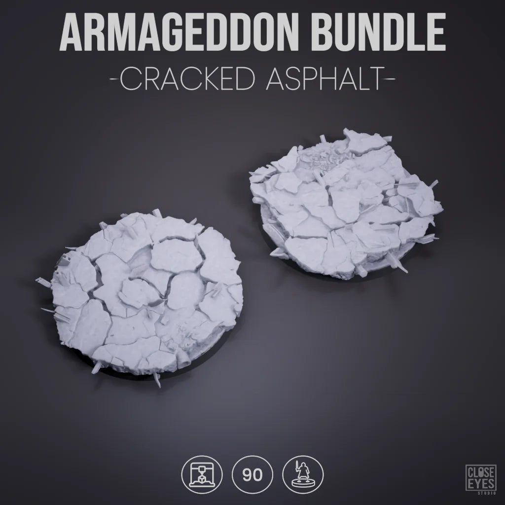 Two round cracked asphalt terrain pieces for tabletop gaming, shown on a dark gray background with the text 'ARMAGGEDDON BUNDLE - CRACKED ASPHALT -' and small product icons at the bottom.