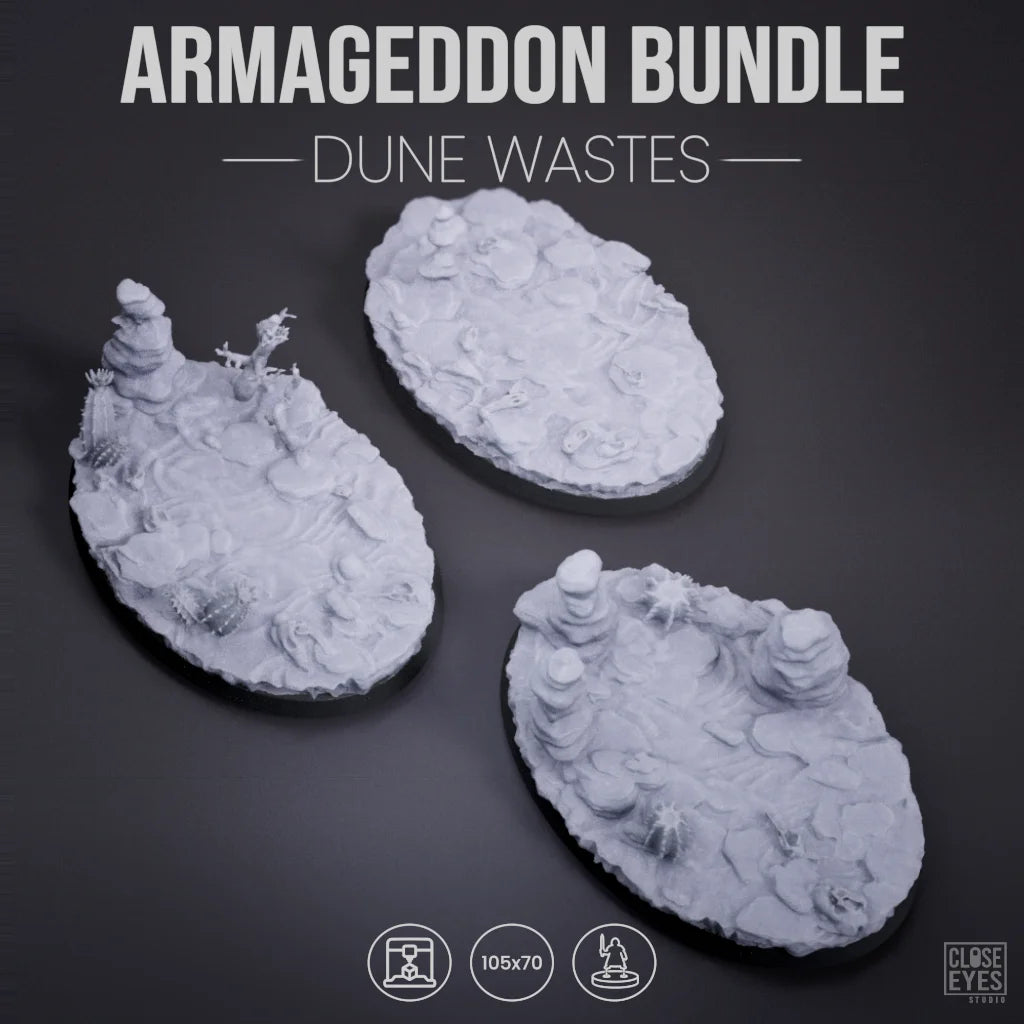 Three unpainted gray tabletop terrain bases labeled 'ARMAGGEDDON BUNDLE — DUNE WASTES' on a dark gray background, with small icons at the bottom indicating 105 pieces and a Clue Eyes Games logo in the corner.