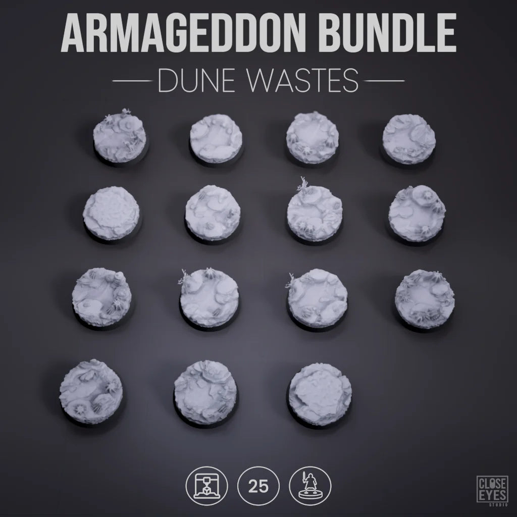 A set of 15 unpainted gray miniatures terrain pieces labeled 'ARMAGGEDDON BUNDLE — DUNE WASTES' on a dark gray background, with small icons indicating 25 pieces and a Clue Eyes branding mark in the corner.