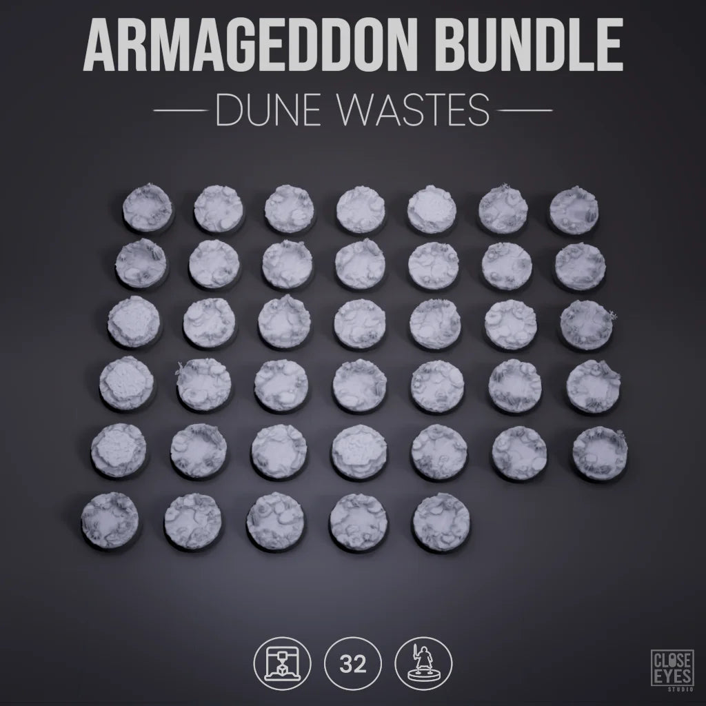 A set of 32 round, textured gray terrain tiles arranged in a grid on a dark charcoal background, with the text 'ARMAGGEDDON BUNDLE - DUNE WASTES' at the top and small feature icons at the bottom.