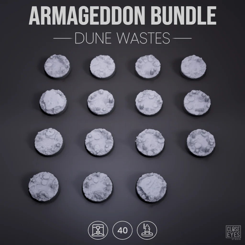A set of 15 textured gray and white dune terrain pieces arranged in a grid on a dark gray background, with the text 'ARMAGGEDDON BUNDLE - DUNE WASTES' at the top and small product icons at the bottom.