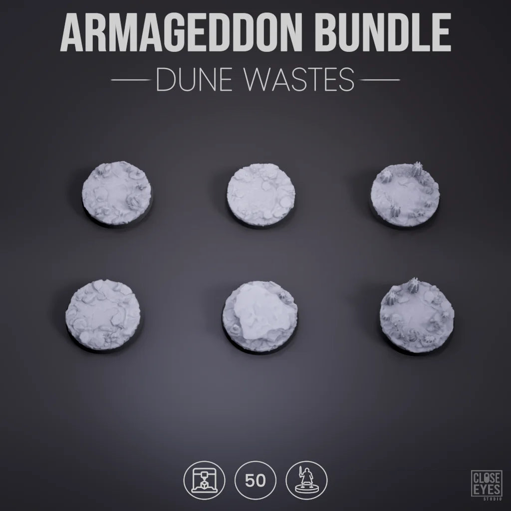 Six round gray terrain pieces labeled as an Armaggeddon Bundle - Dune Wastes, arranged in two rows of three on a dark gray background with product text and icons at the top and bottom.