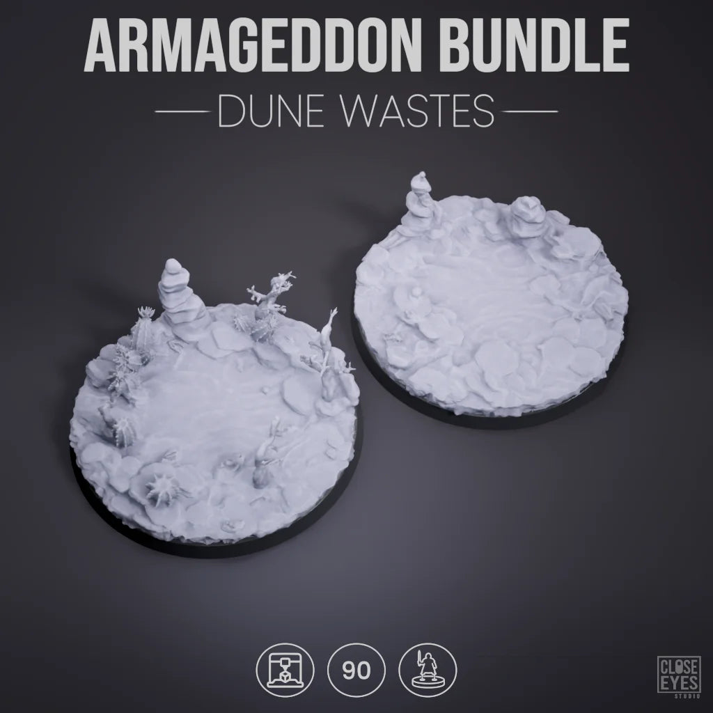 Two unpainted white tabletop terrain miniatures labeled 'ARMAGGEDDON BUNDLE — DUNE WASTES' on a dark gray background, with small icons at the bottom indicating 90 minutes playtime and a Clue Eyes brand mark.