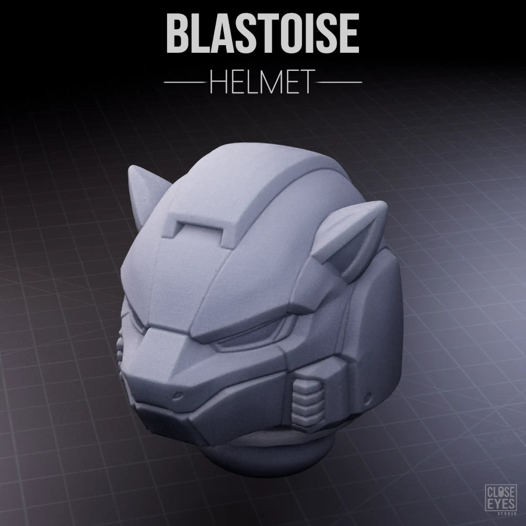 A 3D-rendered gray helmet with angular, futuristic cat-like ears and a mechanical design, shown on a dark grid background with the text 'BLASTOISE HELMET' at the top.