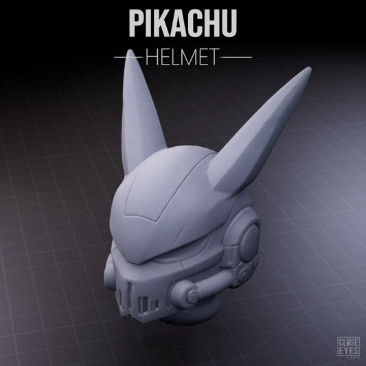 A 3D-rendered unpainted gray helmet shaped like Pikachu's head with long pointed ears and futuristic mechanical details, shown on a dark grid background with the text 'PIKACHU HELMET' at the top.