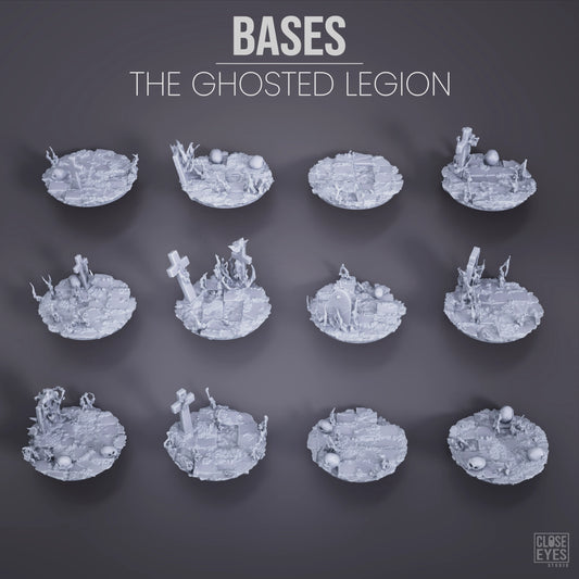 Twelve unpainted grey miniature terrain bases for tabletop gaming, arranged in a grid on a dark gray background with the text 'BASES THE GHOSTED LEGION' and a 'CLUB EYES' logo.