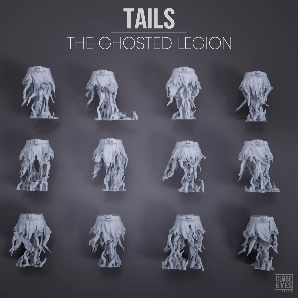 Twelve small gray terrain pieces arranged in a 3-by-4 grid on a dark gray background, with the text 'TAILS THE GHOSTED LEGION' at the top and a 'CLUB EYES' mark in the lower right corner.
