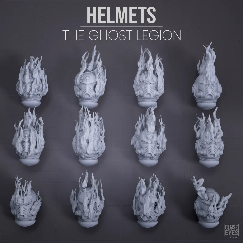 A set of 12 unpainted grey miniature sculptures of helmets with flame-like details, arranged in a 3x4 grid against a dark gray background. The text 'HELMETS THE GHOST LEGION' is displayed at the top, and a 'CLASICS EYES' logo is in the bottom right corner.