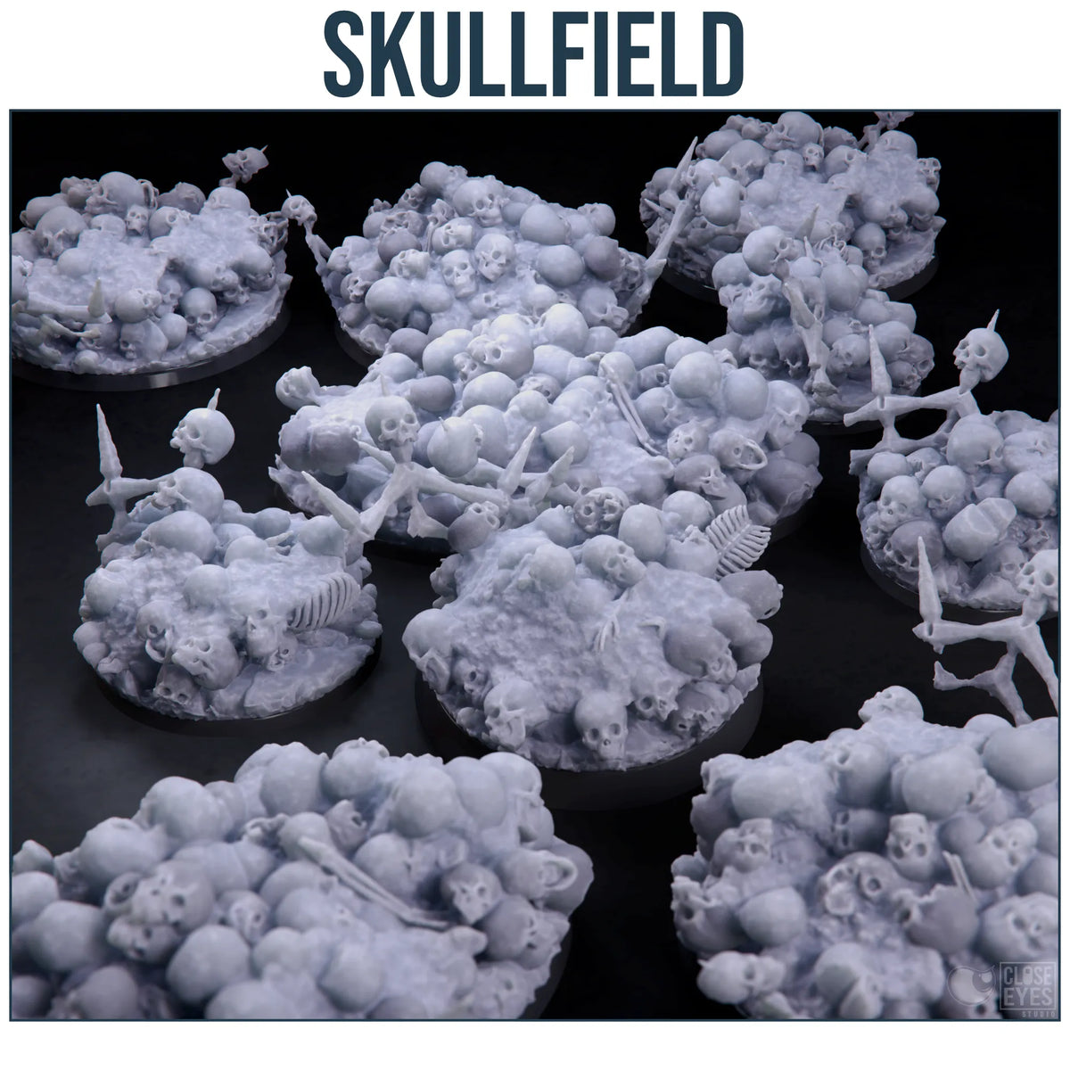 White miniature figurines with skull designs on a black background, branded 'SKULLFIELD'.